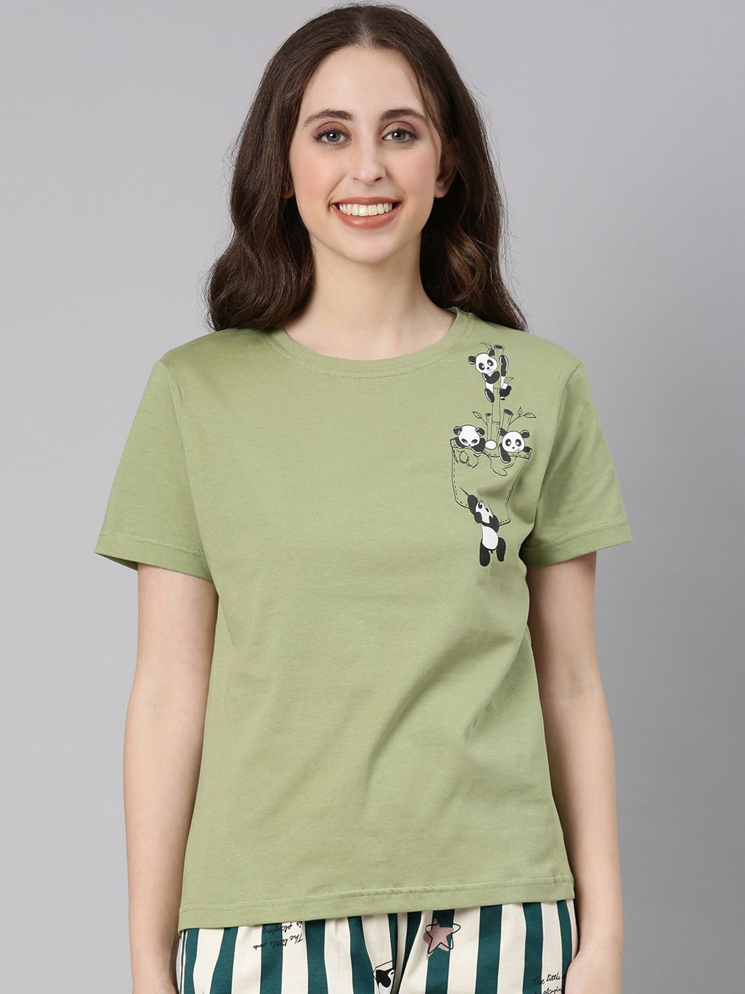 TWIN BIRDS Women Sage Cotton Printed Relaxed Fit Tee T-Shirt