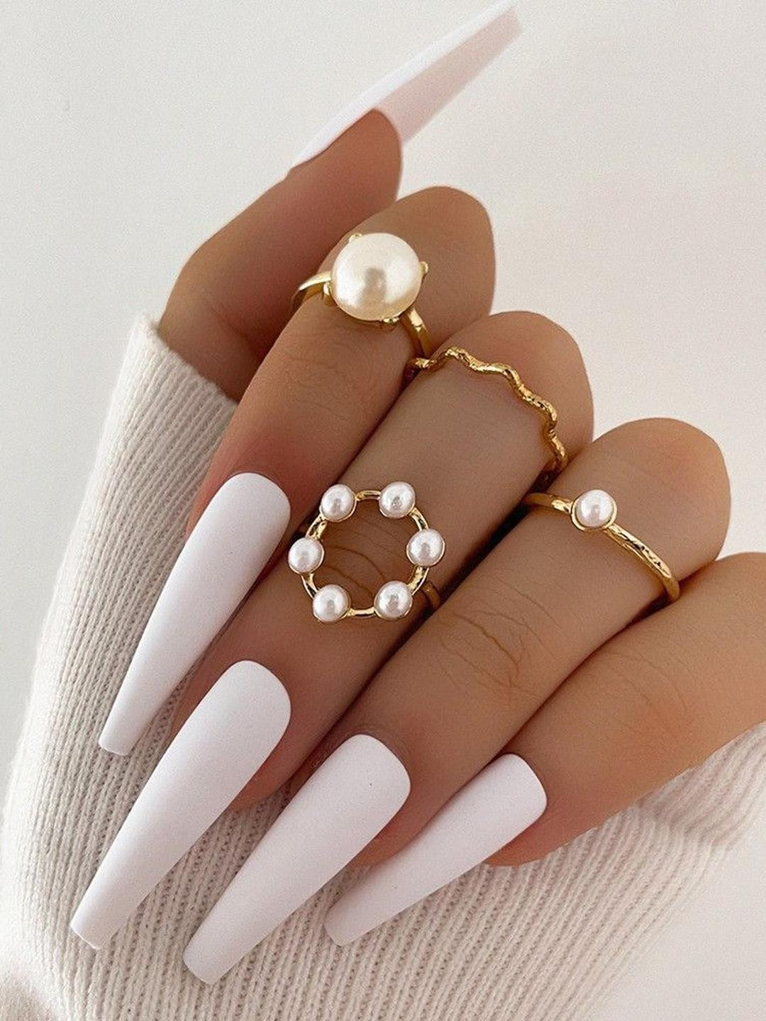 Arzonai Set Of 4 Circle Pearl Wave Geometric Joint Metal Knuckle Ring