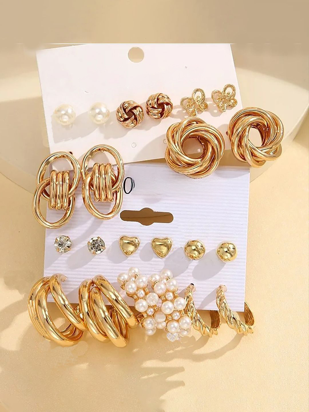 GOLDIWALA Set Of 11 Gold Plated Pearls Beaded Circular Shaped Studs