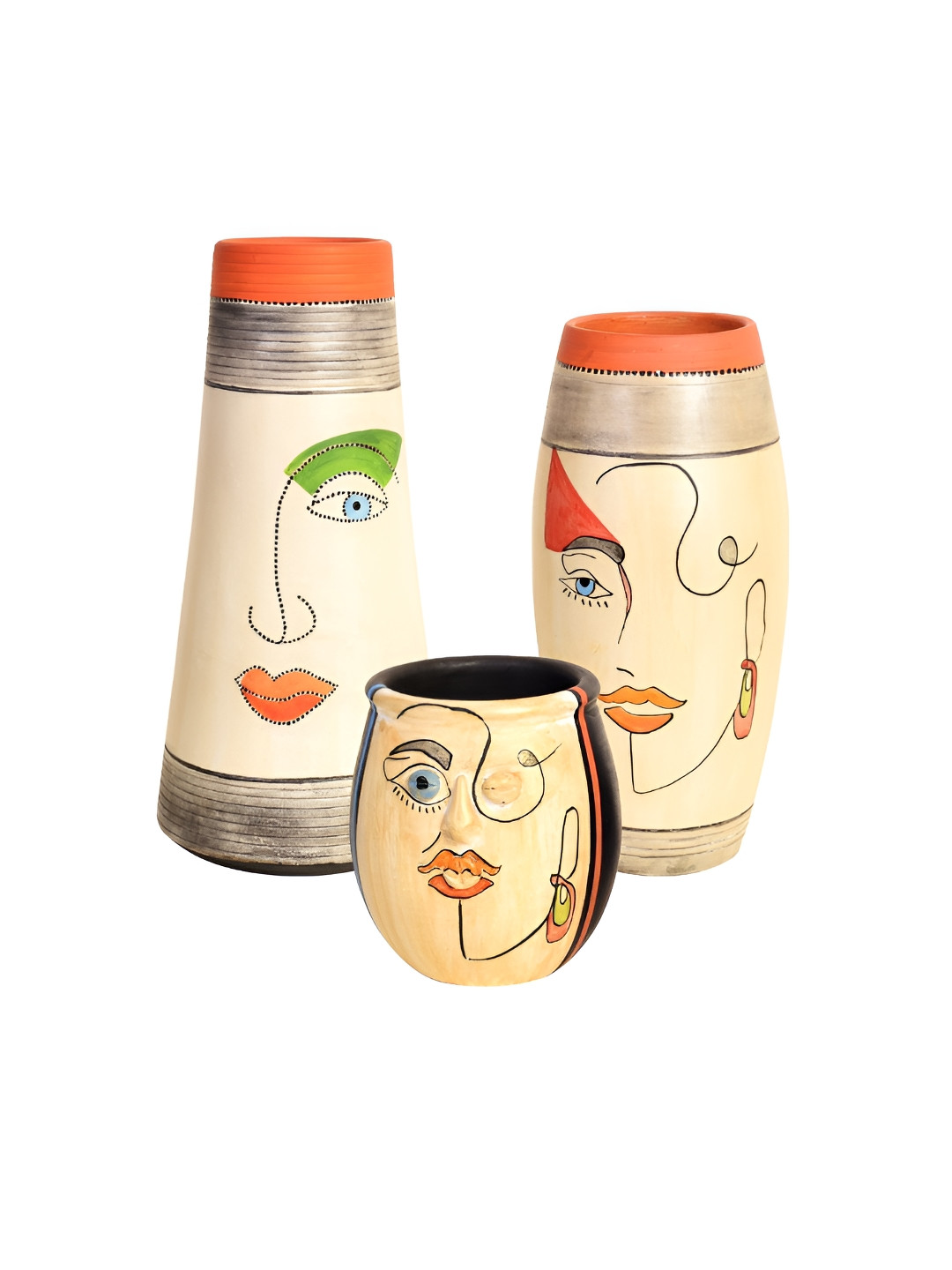 AAKRITI ART CREATIONS 3Pcs Beige & Red Printed Mohana-I Decorative Vases