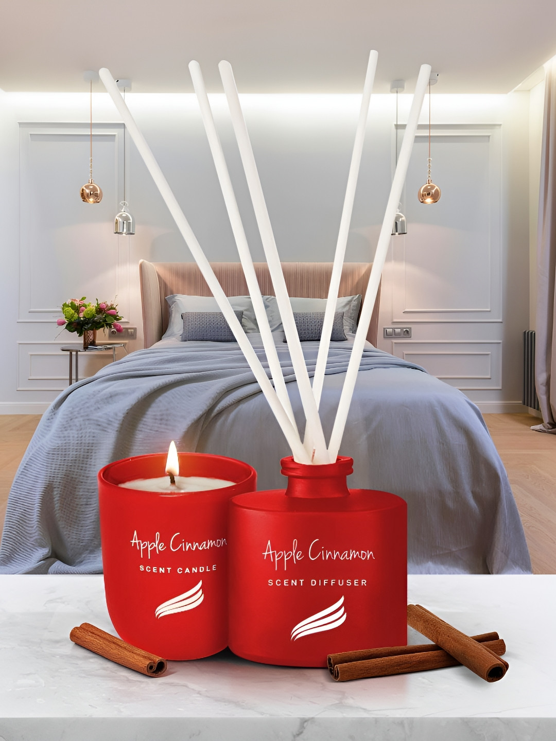 Pan Aromas Apple Cinnamon 2Pcs Red & White Reed Diffuser & Scented Candle Gift Set