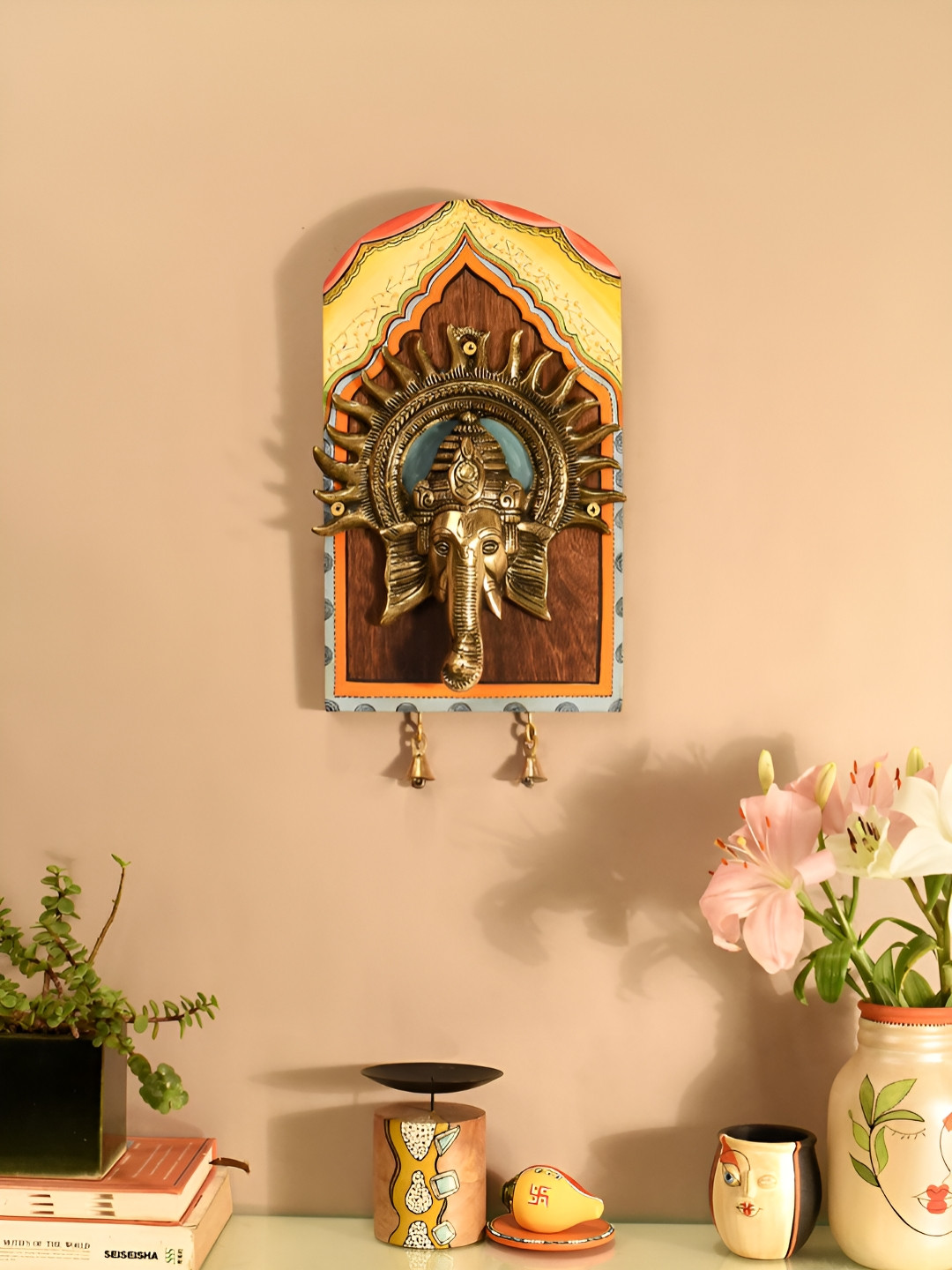 AAKRITI ART CREATIONS Amantran-II Wood Ethnic Motifs Glossy Spiritual Wall Decor-13.8In