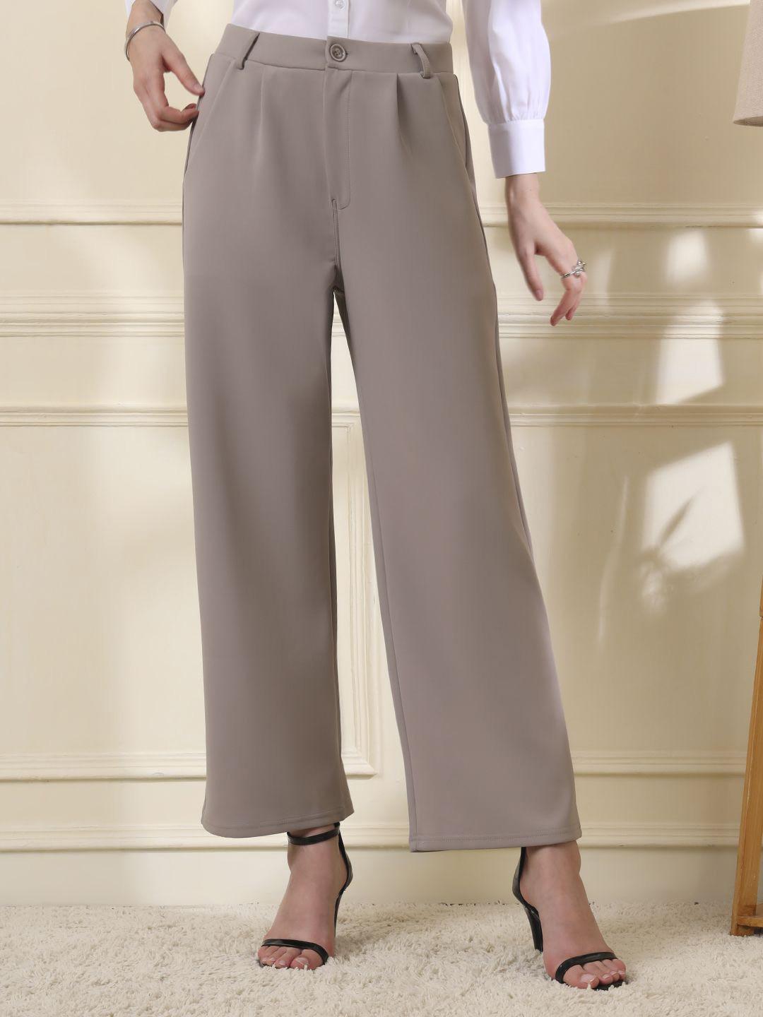 All About You Formals Women Solid Loose Fit High-Rise Wrinkle Free Pleated Cotton Trouser