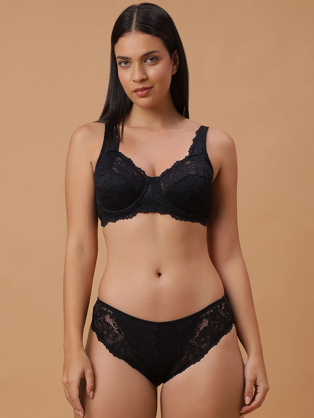 Soie Non-Padded Underwire Lacy Bra with Mid rise Brief Set