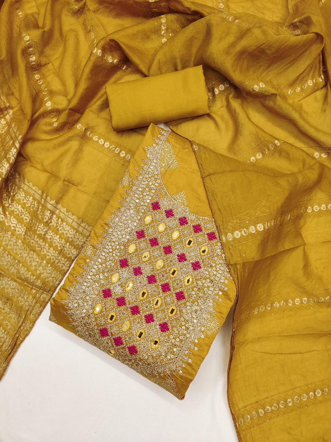 KALINI Mustard Chanderi Silk Embroiderd Coding Work Unstitched Dress Material