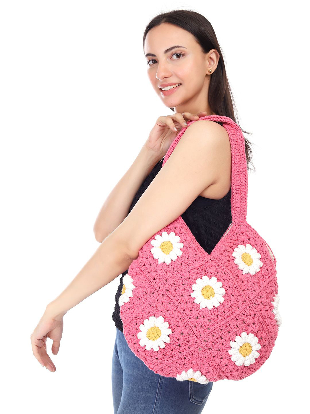 ITIHASIKALA Women Pink Daisy Hobo Crochet Shoulder Bag