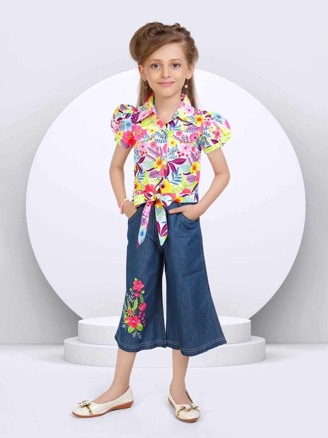 Lei-Chie Girls Floral Printed Linen Shirt With Denim Capri