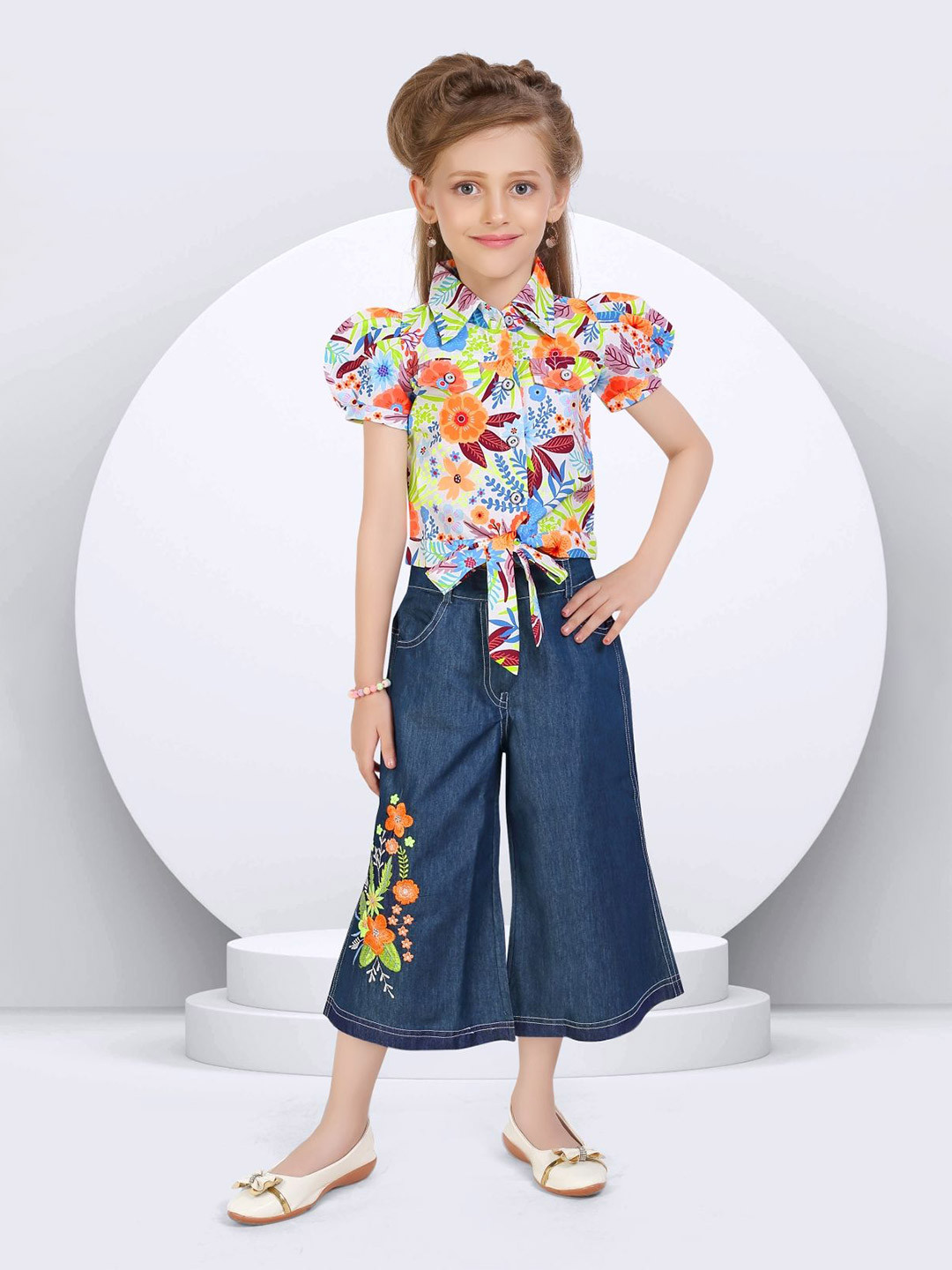 Lei-Chie Girls Floral Printed Linen Shirt With Capri