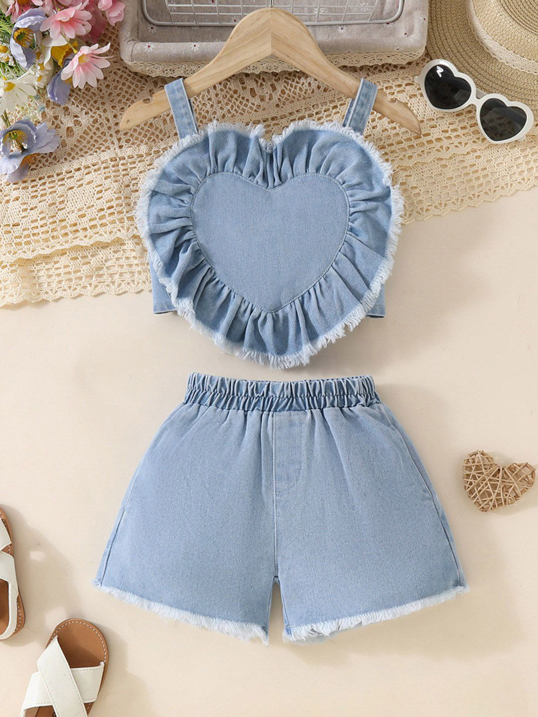 INCLUD Girls Heart Patched Denim Crop Top With Shorts