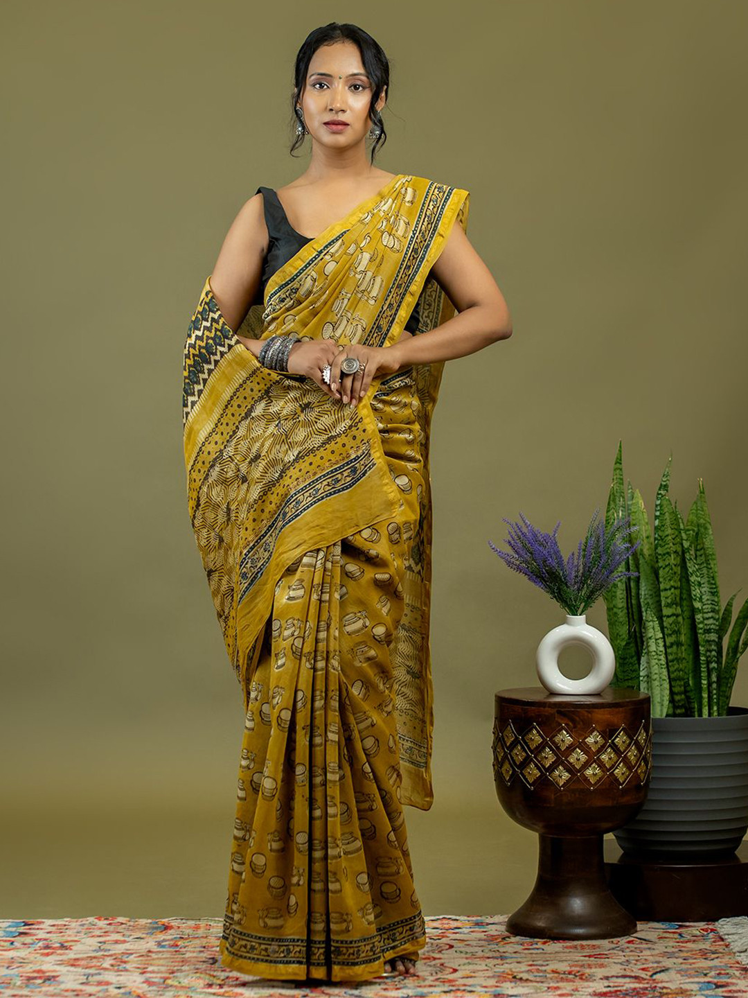 Ushvii Ajrak Block Silk Cotton Chanderi Saree