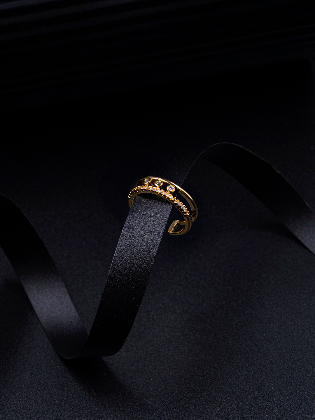ARTKLIM Gold-Plated Double Band  American Diamond-Studded Adjustable Finger Ring
