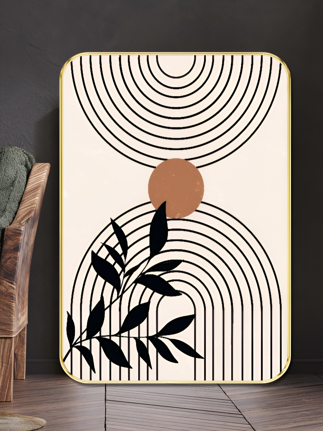 SAF White & Black Minimalist Geometric Arches With Leaf & Sun Design Wooden Wall Art