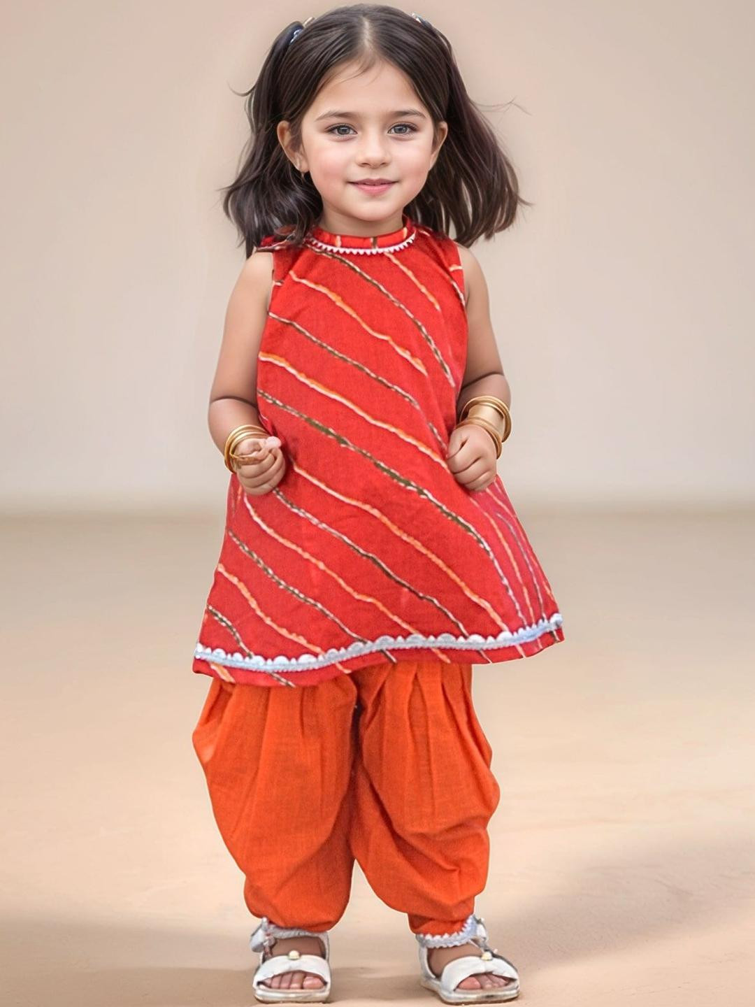 Mamma's Bear Girls Leheriya Printed Gotta Patti Pure Cotton Kurti with Dhoti Pants