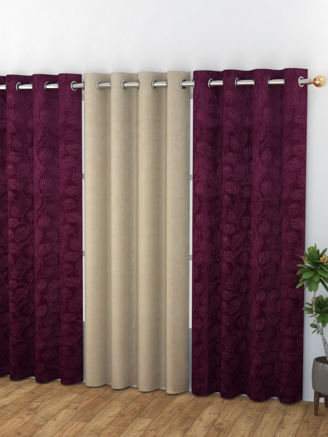 Banchmark Home Furnishings Haire Purple & Beige 3 Pcs Velvet Room Darkening Window Curtain