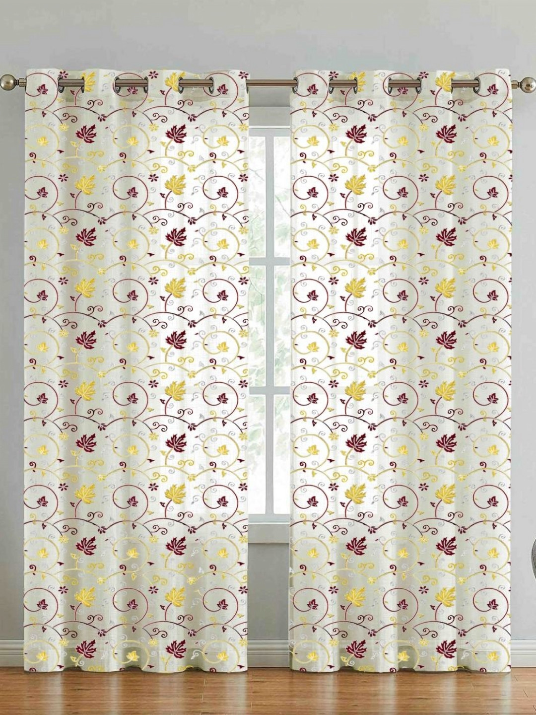 Aura Cream & Yellow 2 Pieces Flora Printed Sheer Long Door Curtain