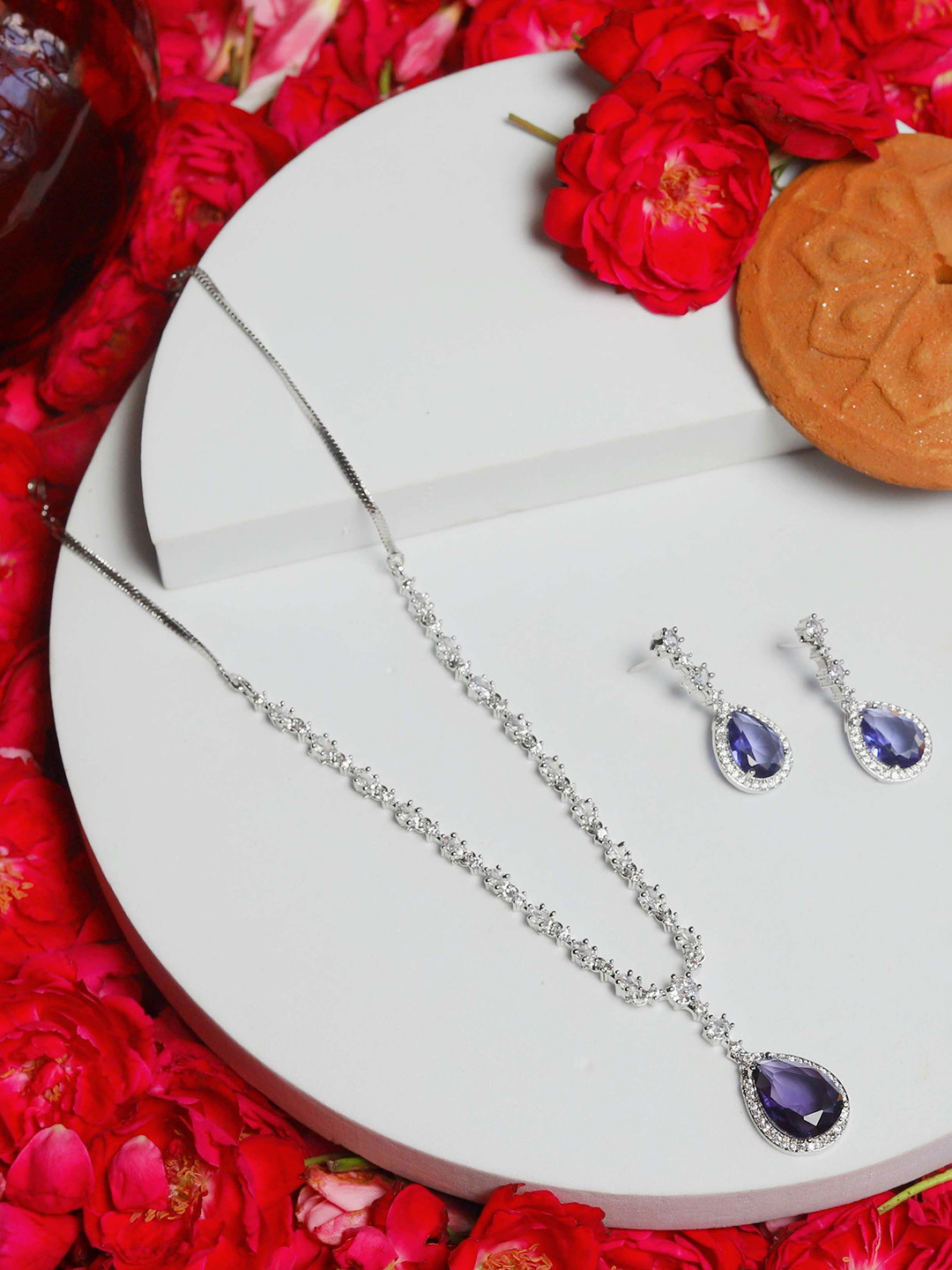 BlingNation Rhodium-Plated American Diamond Studded JewellerySet