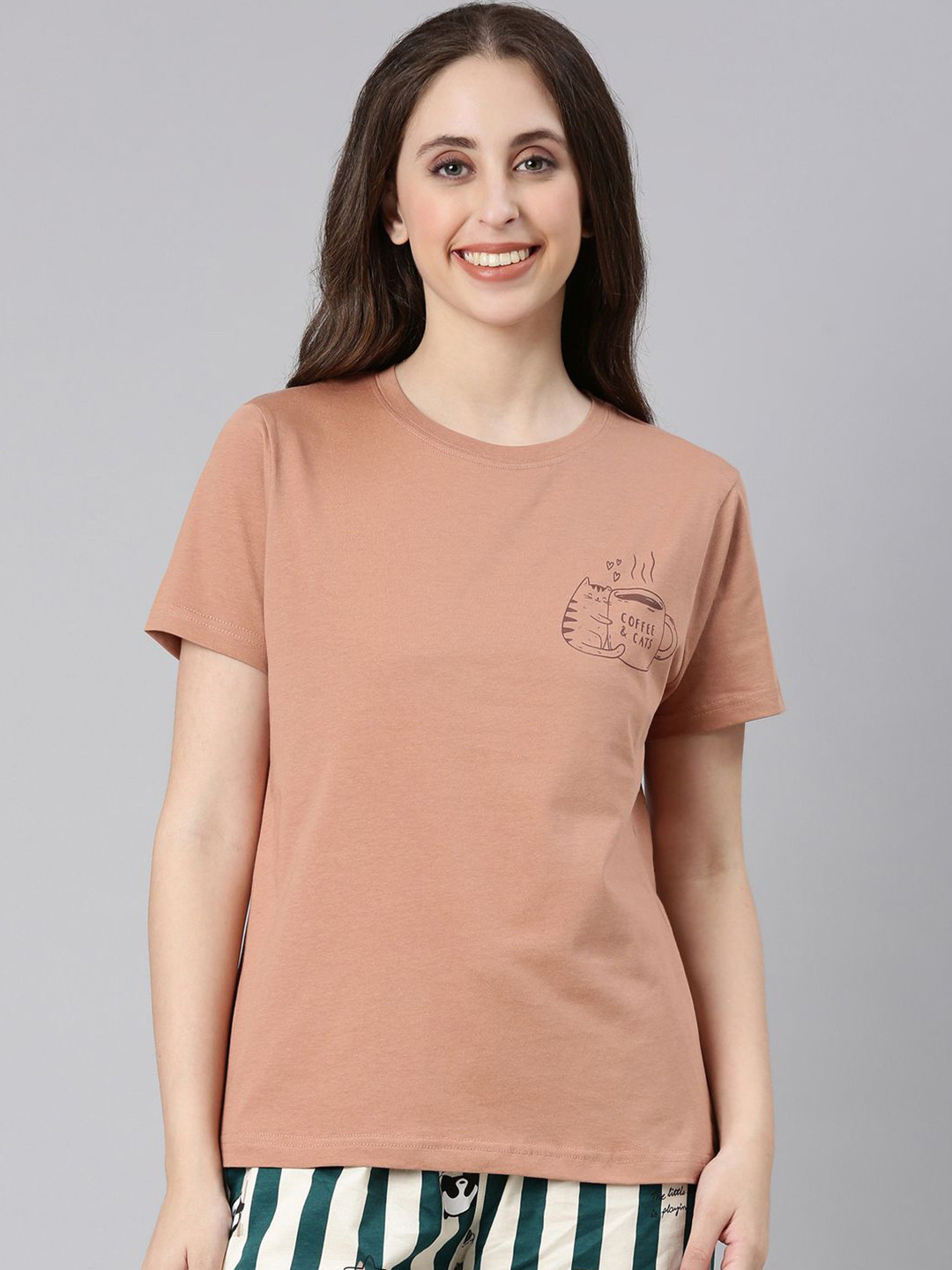 TWIN BIRDS Women Mocha Mouse Cotton Printed Relaxed Fit T-shirt