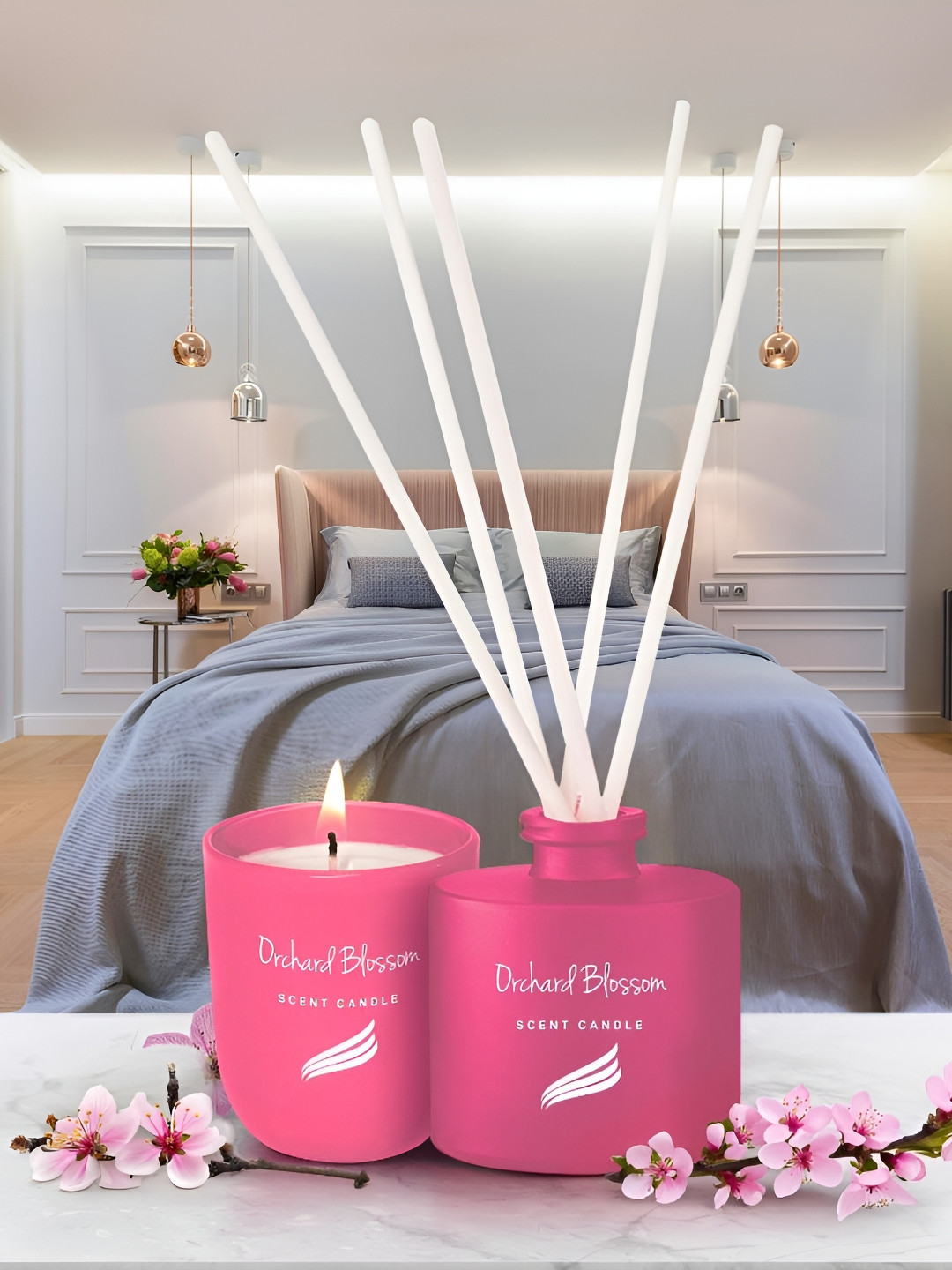 Pan Aromas Pink Orchard Blossom Reed Diffuser - 100 ml & Scented Candle - 150 g