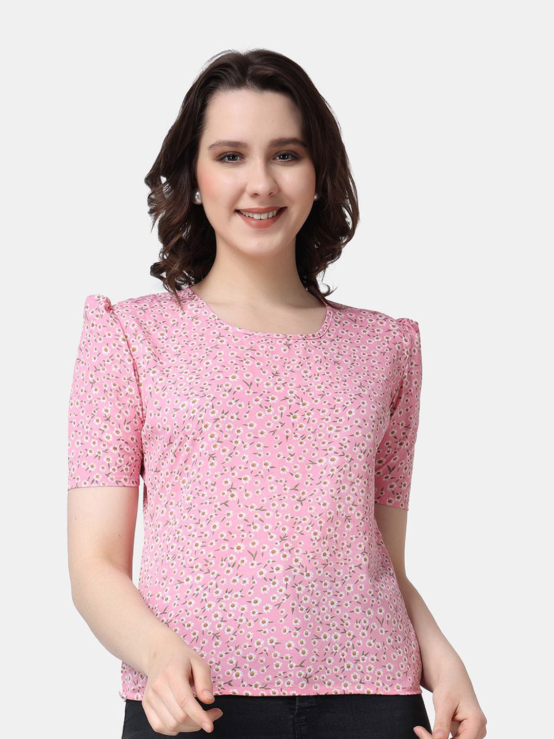 Popwings Women Floral Print Puff Sleeve Crepe Regular Top
