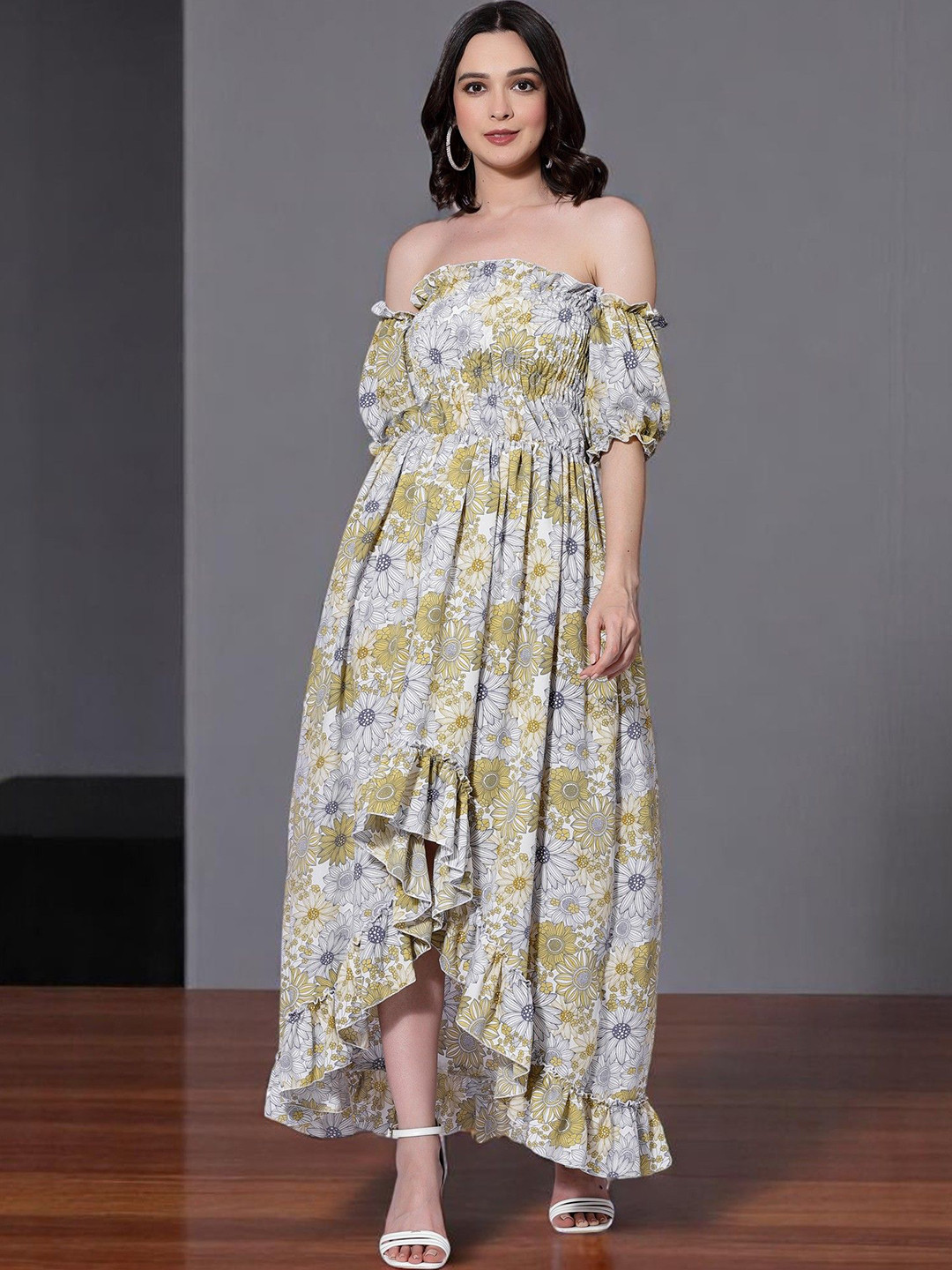 Yellow Floral Print Off-Shoulder Maxi Dress