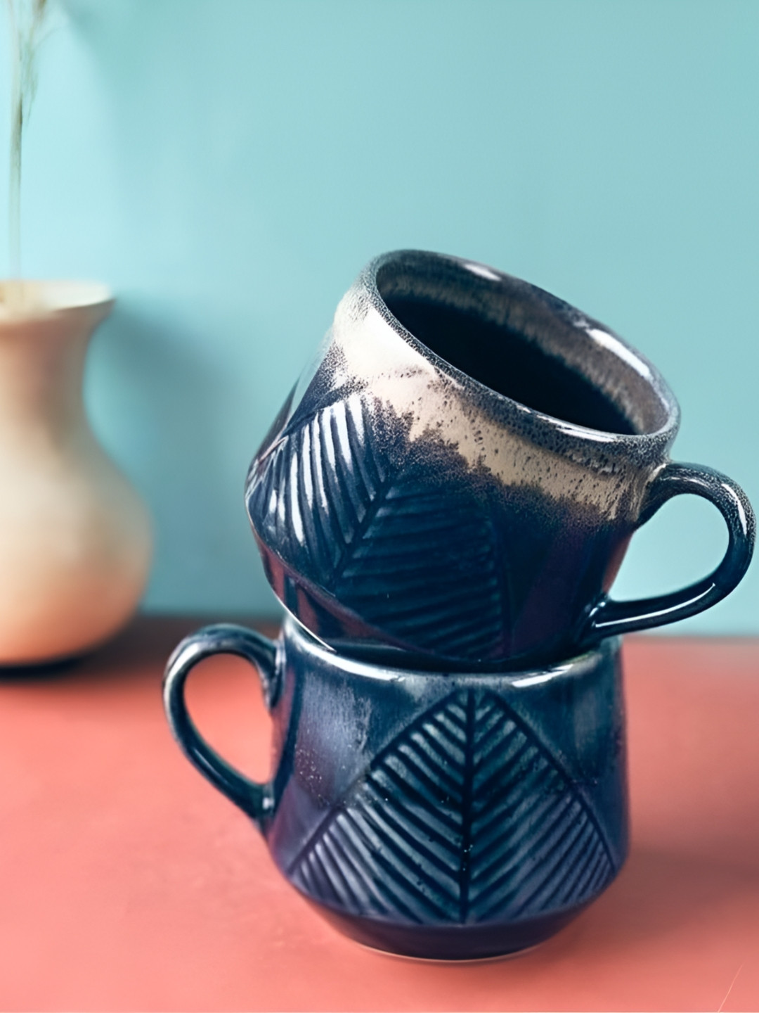 Rare Planet Navy Blue & Grey 2 Pieces Printed Ceramic Glossy Mugs 300ml