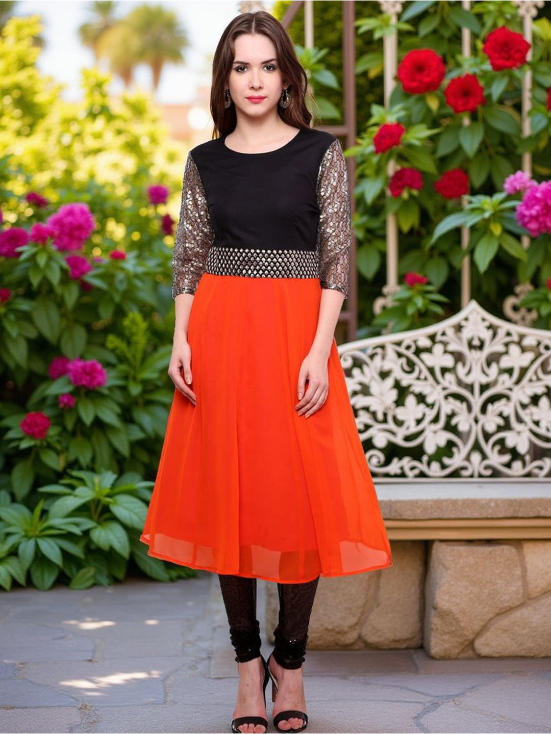 Pannkh Round Neck Thread Work Georgette Brocade Belt Anarkali Kurta