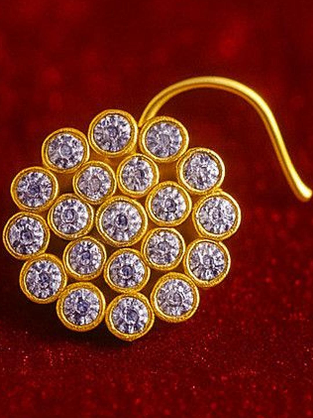 SHREEVARAM Cubic Zirconia Crystal Gold-Plated Brass Nose Ring