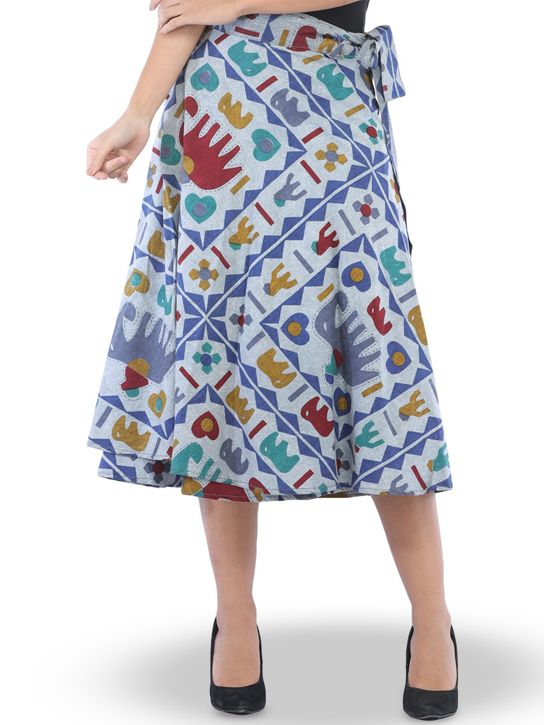Exotic India Elephants Printed Wrap-Around Stone-washed Midi Skirt