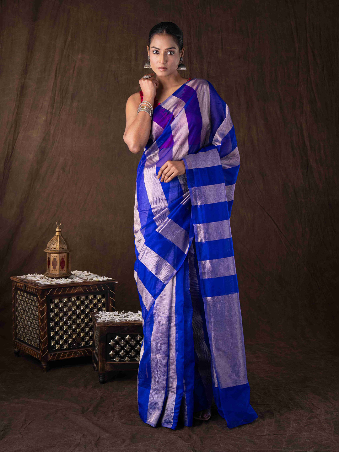 Zal from Benaras Women Striped Zari Tissue Banarasi Saree