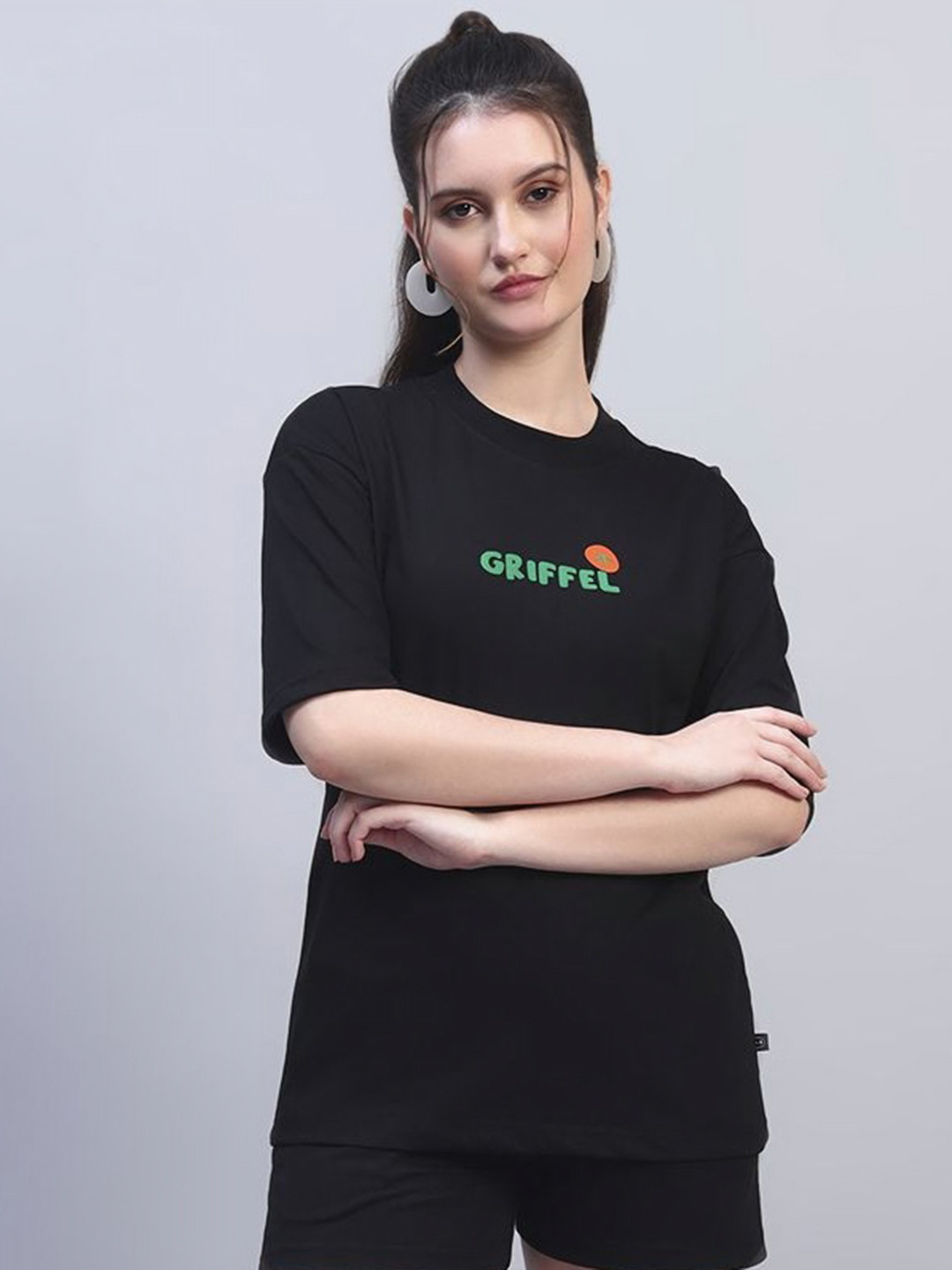 GRIFFEL Women Printed Drop-Shoulder Sleeves OverszedT-shirt