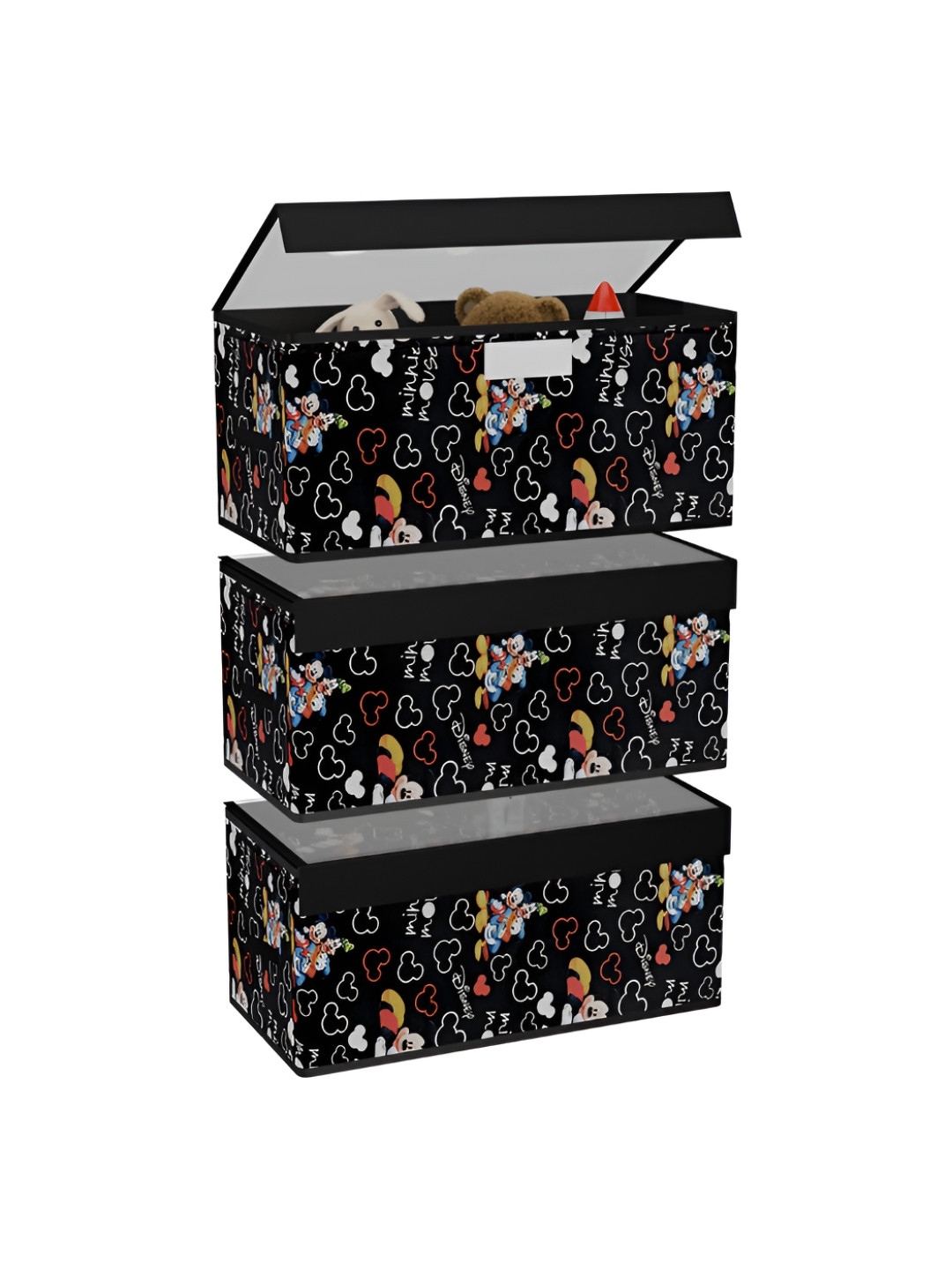 Aura Black & White 3 Pieces Disney Minnie Printed Drawer Organisers With Transparent Lid