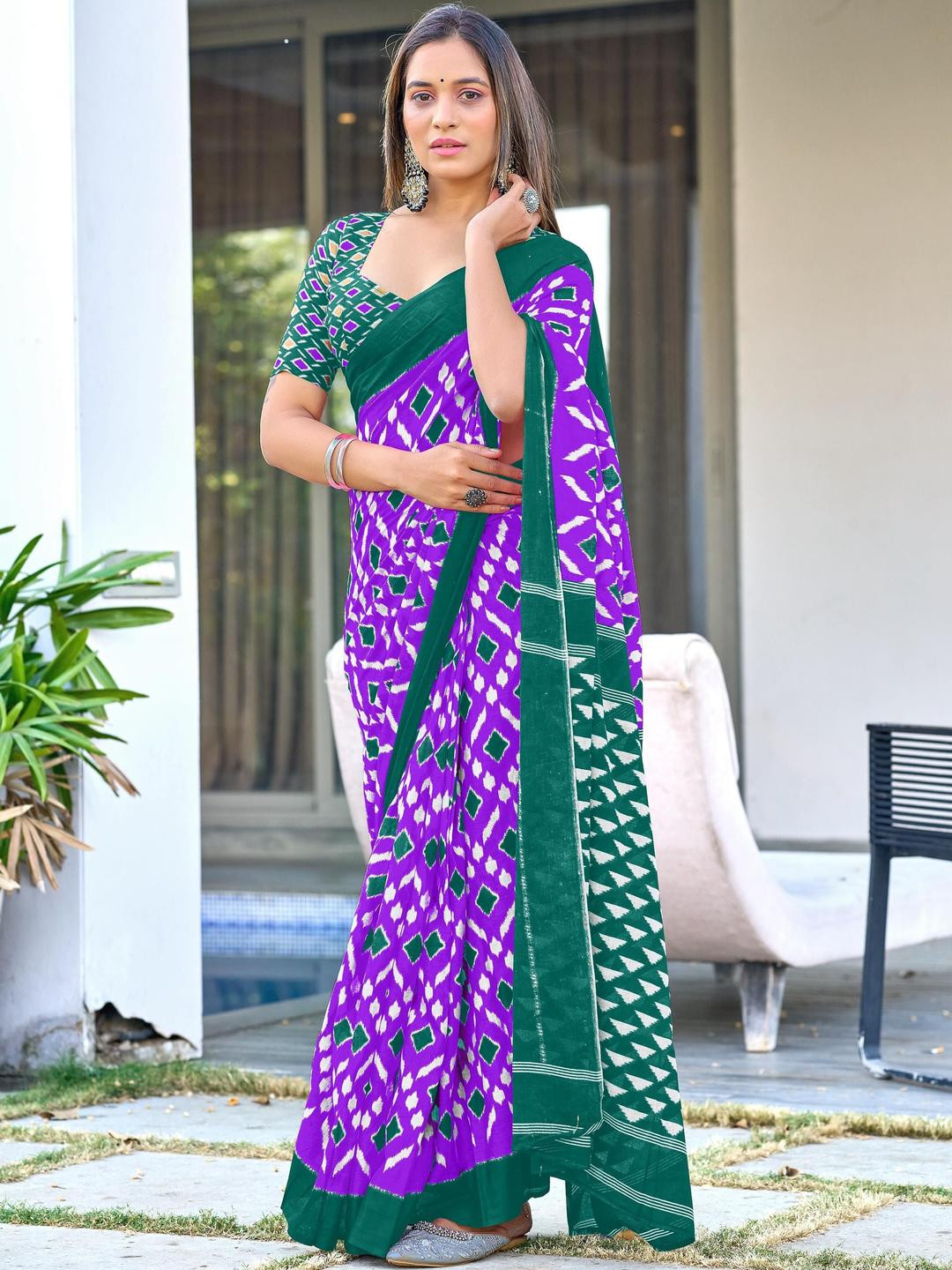 KALINI Lavender Cotton Blend Printed Sarees
