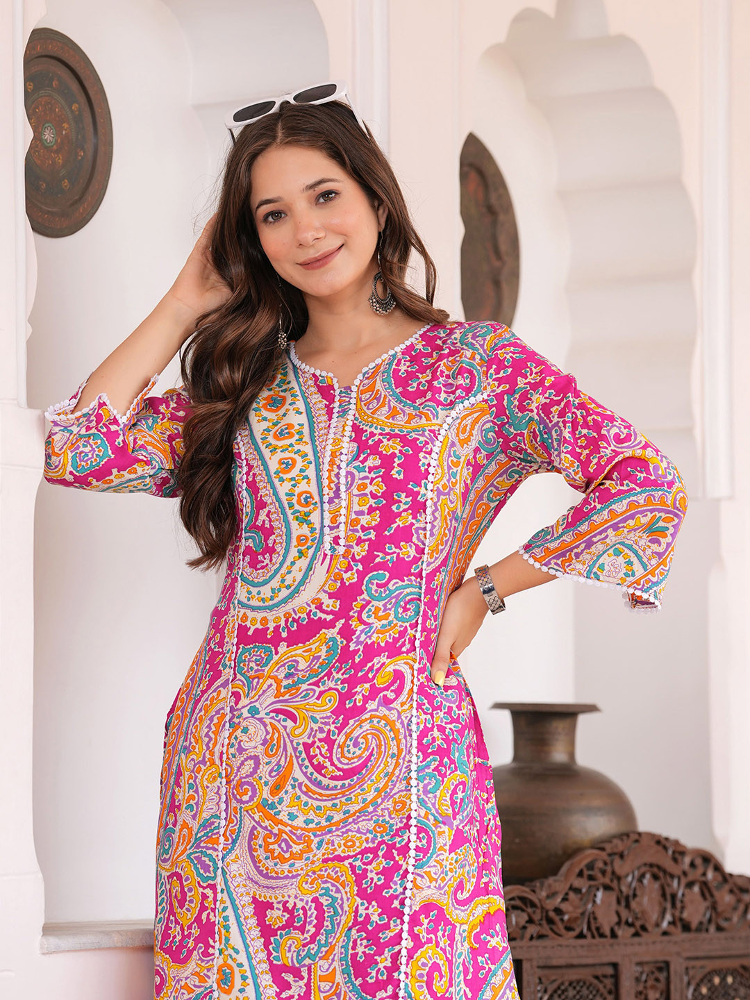 PRISCA Paisley Printed Panelled Flared Sleeves Floral A-Line Kurta