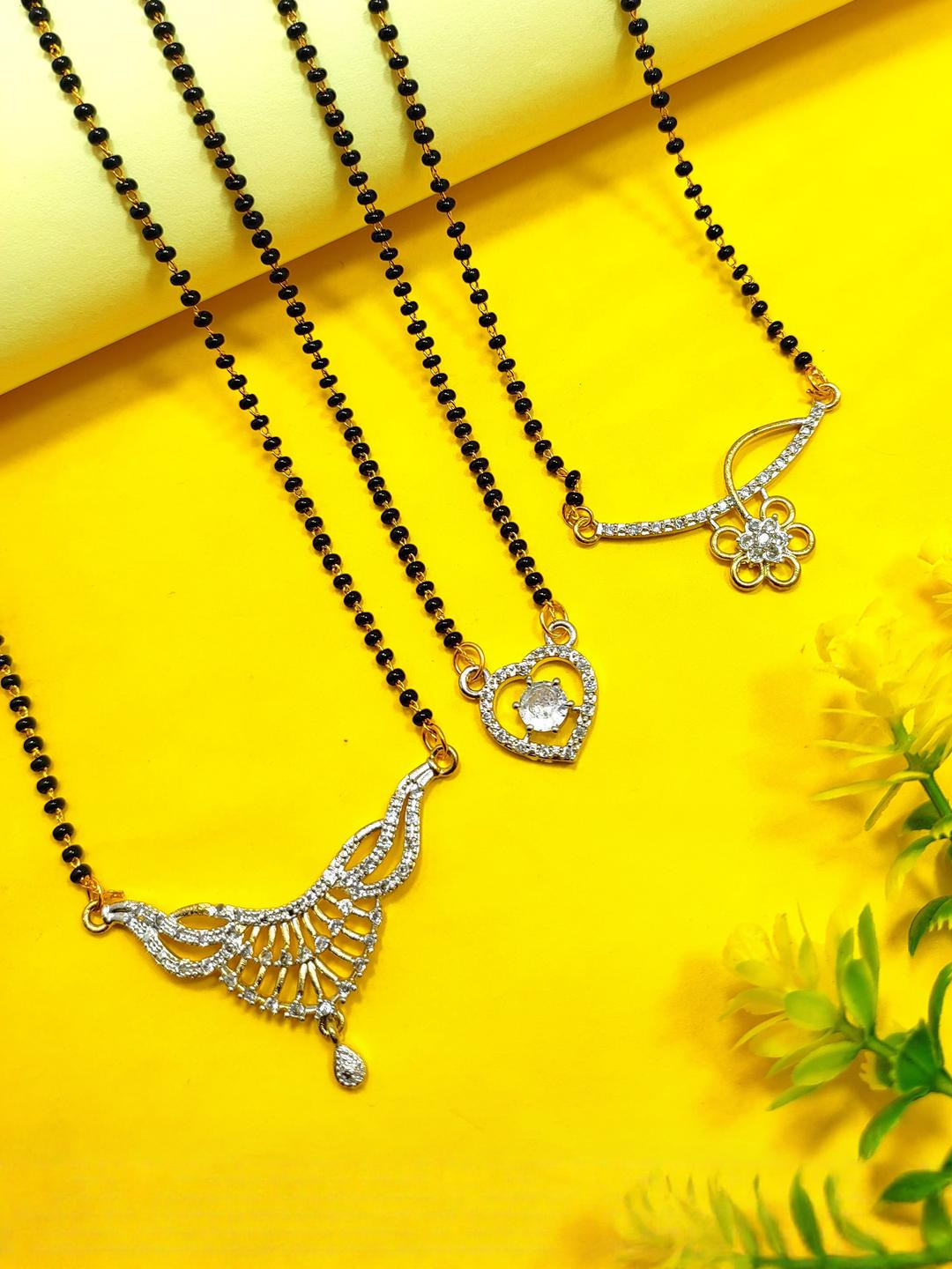 DIVYANSHI COLLECTION Set Of 3 Fancy Silver Toned Ad Brass Mangalsutra