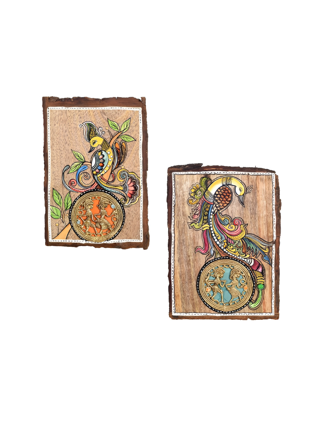 AAKRITI ART CREATIONS Brown & Yellow 2 Pieces Mann-Mayuri Wooden Wall Arts