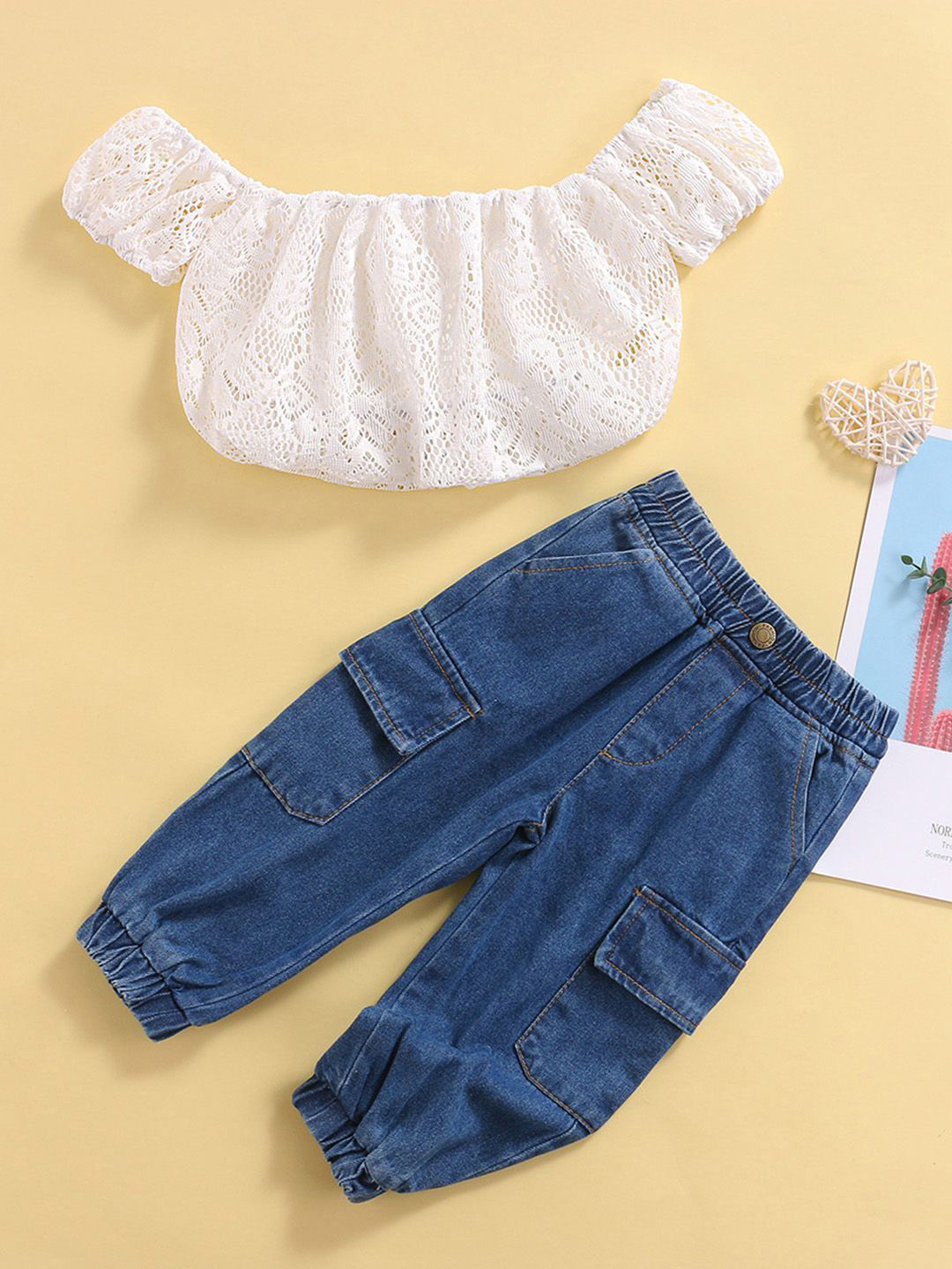 INCLUD Girls Self Design Off-Shoulder Lace Crop Top With Trouser