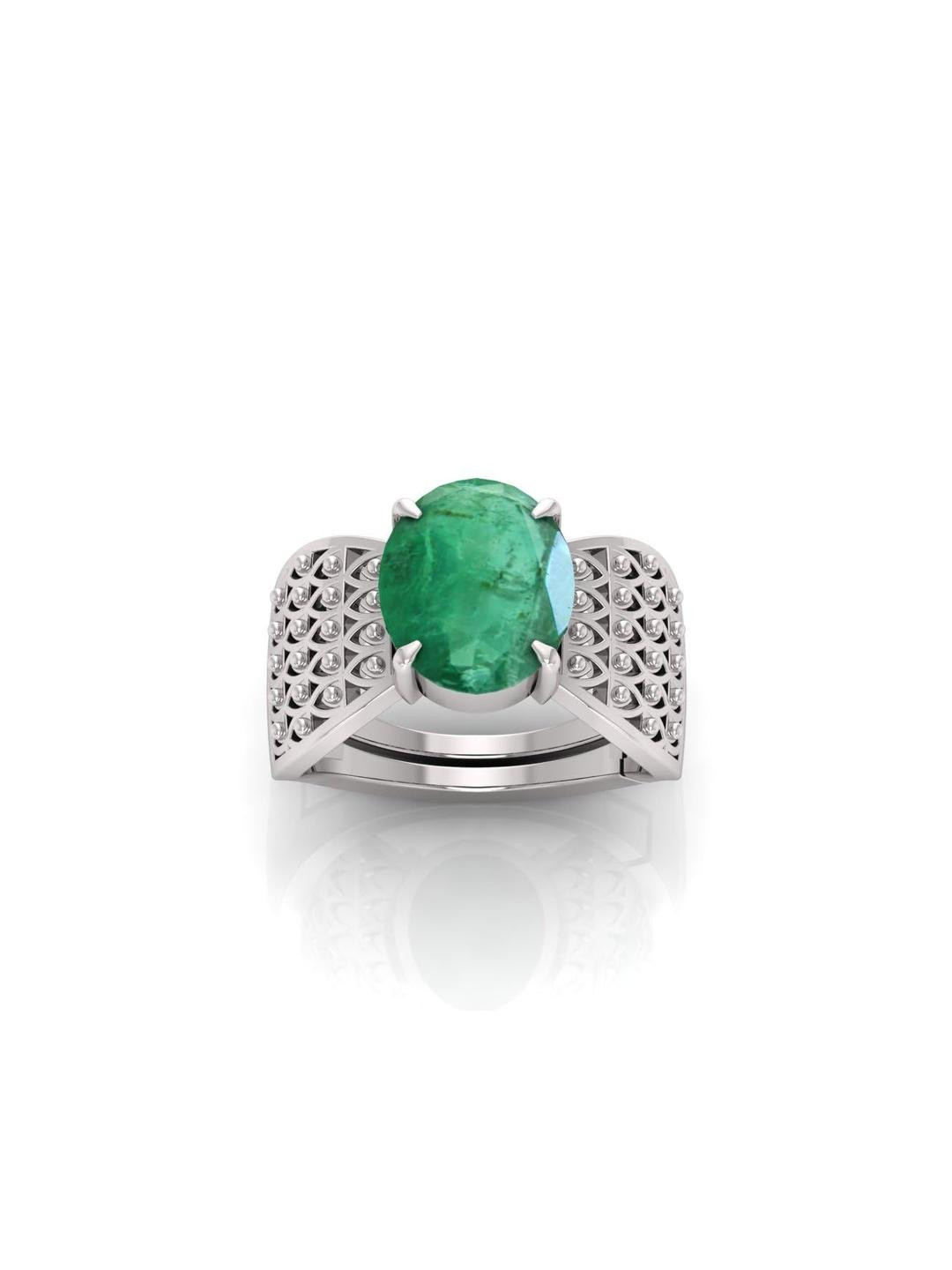Pranjal Gems Unisex Sterling Silver 8.25 Ratti Panna Emerald Gemstone Studded Finger Ring