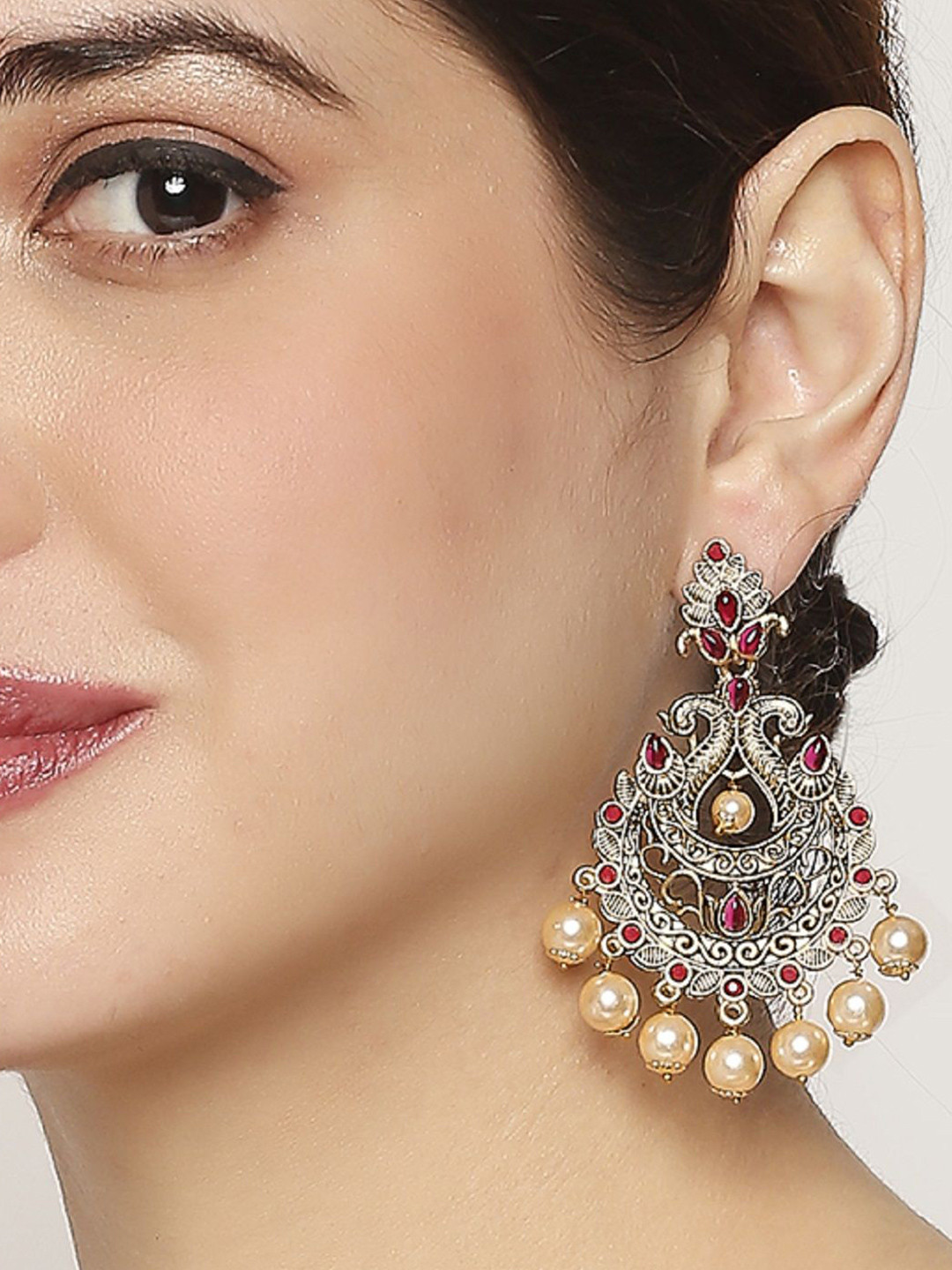 Anouk Red Kemp Stone And Pearls beaded Peacock Shaped Chandbalis Earrings