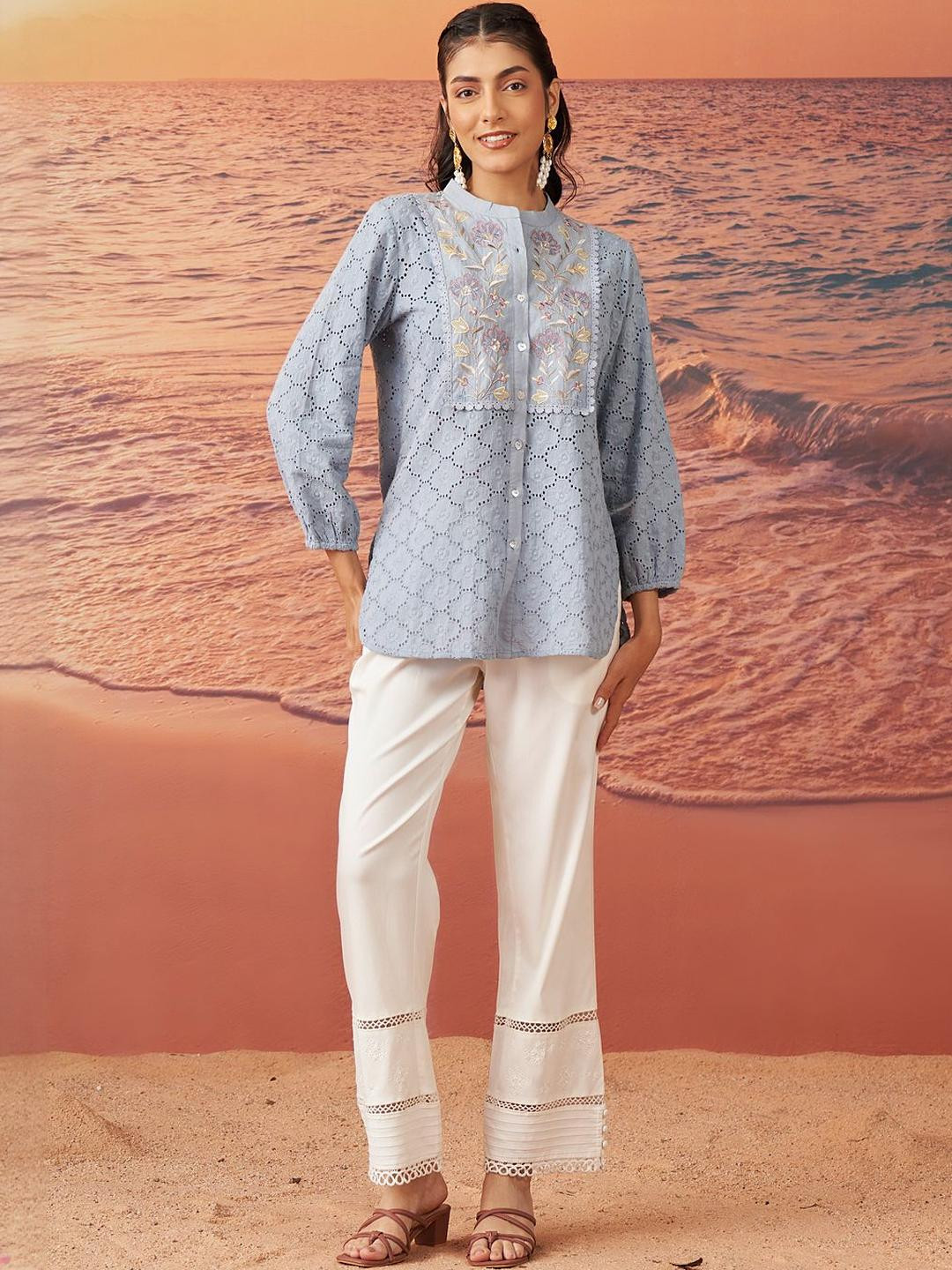 Lakshita Embroidered Mandarin Collar Cotton Schiffli Top
