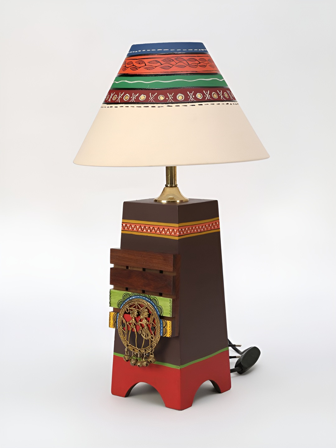 AAKRITI ART CREATIONS Pyramid Wooden Table Lamp with Tribal Paintings
