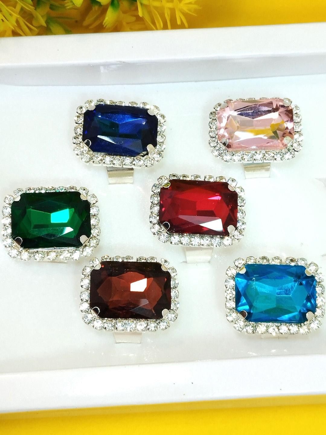 DIVYANSHI COLLECTION Pack Of 6 American Diamond Gold Silver Plated Brass Ring Set