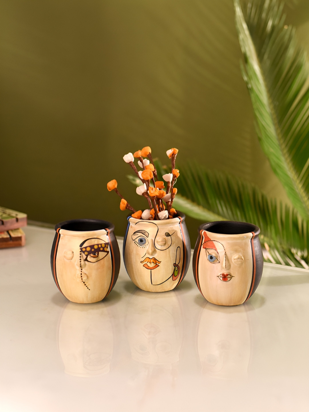 AAKRITI ART CREATIONS 3Pcs Brown & Beige Hand Painted Pizo Pots