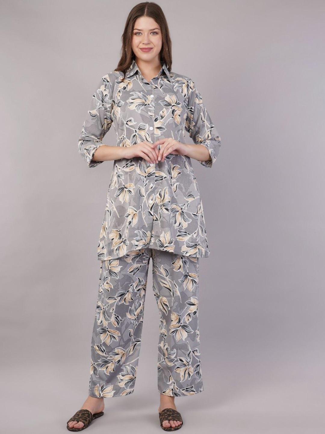 Grey Floral Printed Tunic & Trousers Co-Ord Set