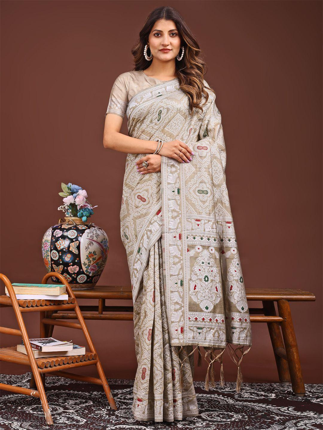 KALINI Beige Linen Blend Printed Sarees