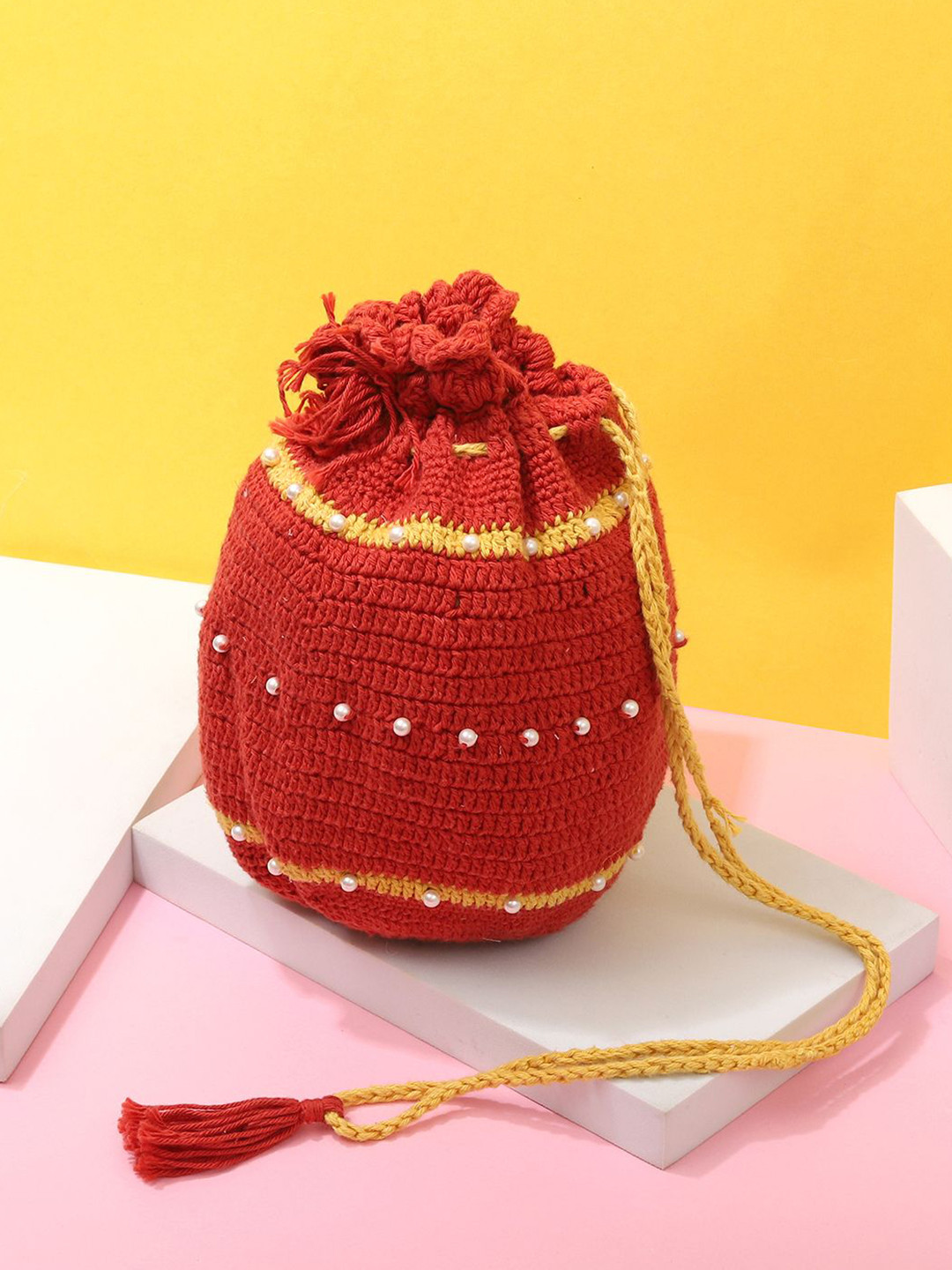 ITIHASIKALA Women Red Crochet Potli Bag