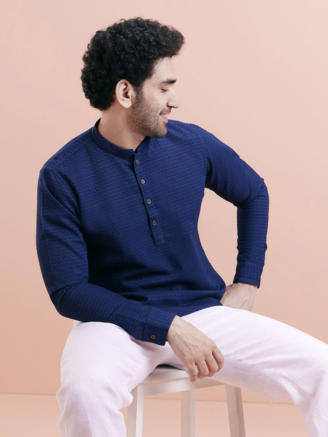 KISAH Textured Thread Work Mandarin Collar Straight Denim Weave Short Kurta