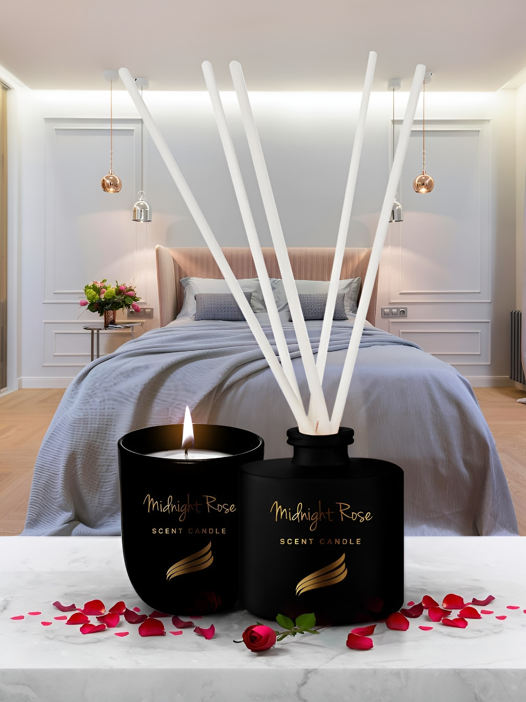 Pan Aromas Black Midnight Rose Reed Diffuser - 100 ml & Scented Candle - 150 g