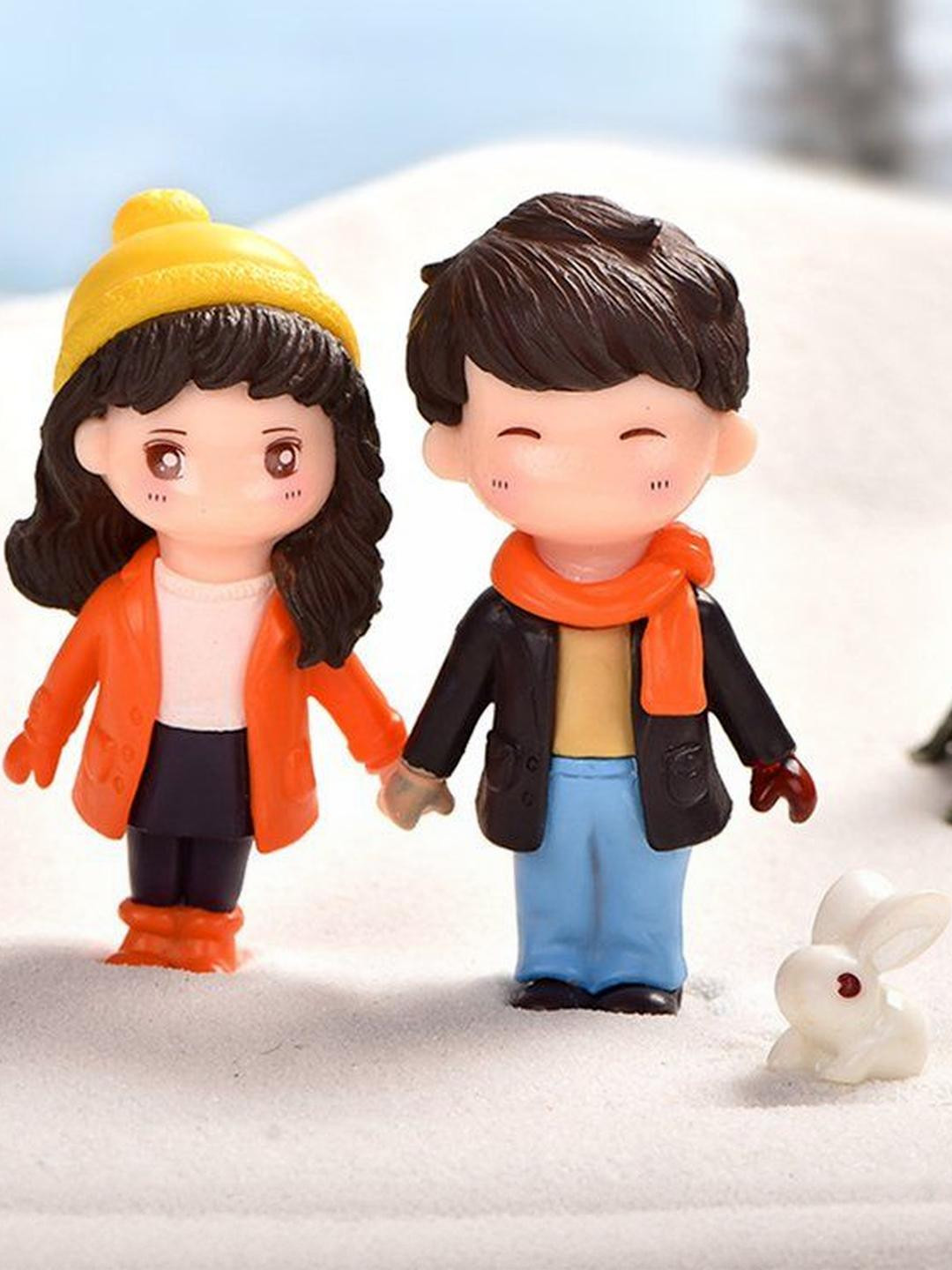 ANTIQ CREATION Couple Orange Polyresin Matte Living Room Set of 2 Small Showpieces - 3 Inches