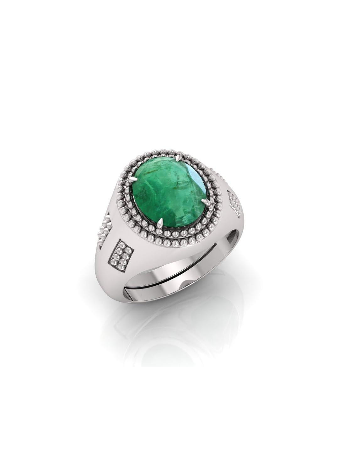 Pranjal Gems Sterling Silver 15.25 Ratti Panna Emerald Gemstone Adjustable Finger Ring