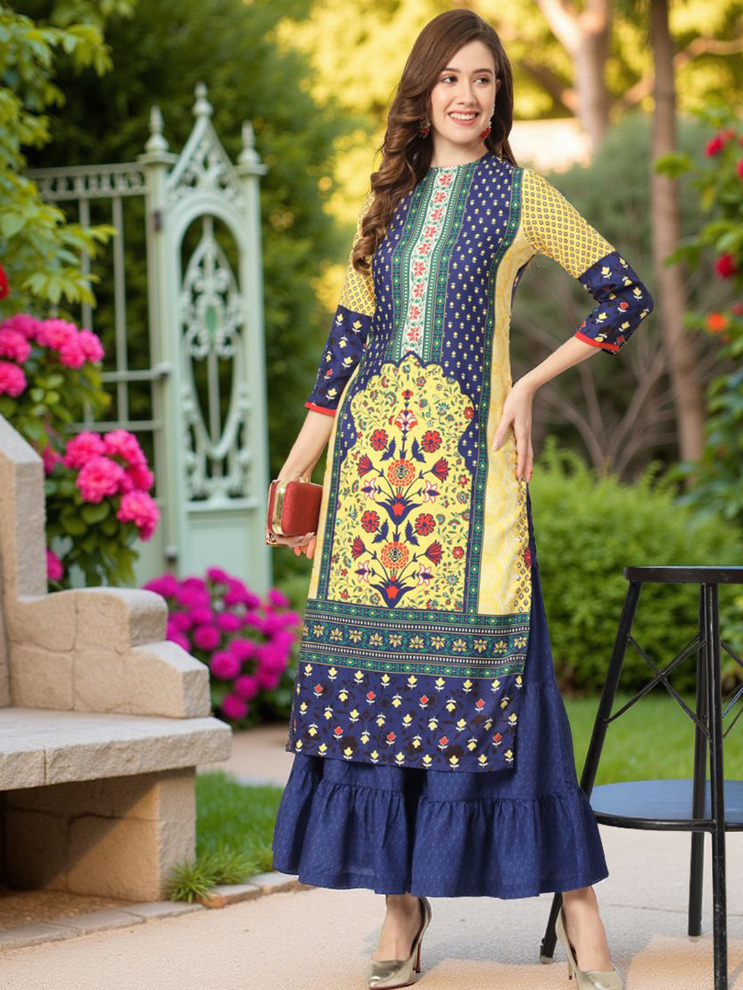 Pannkh Floral Printed High Neck Straight Kurta